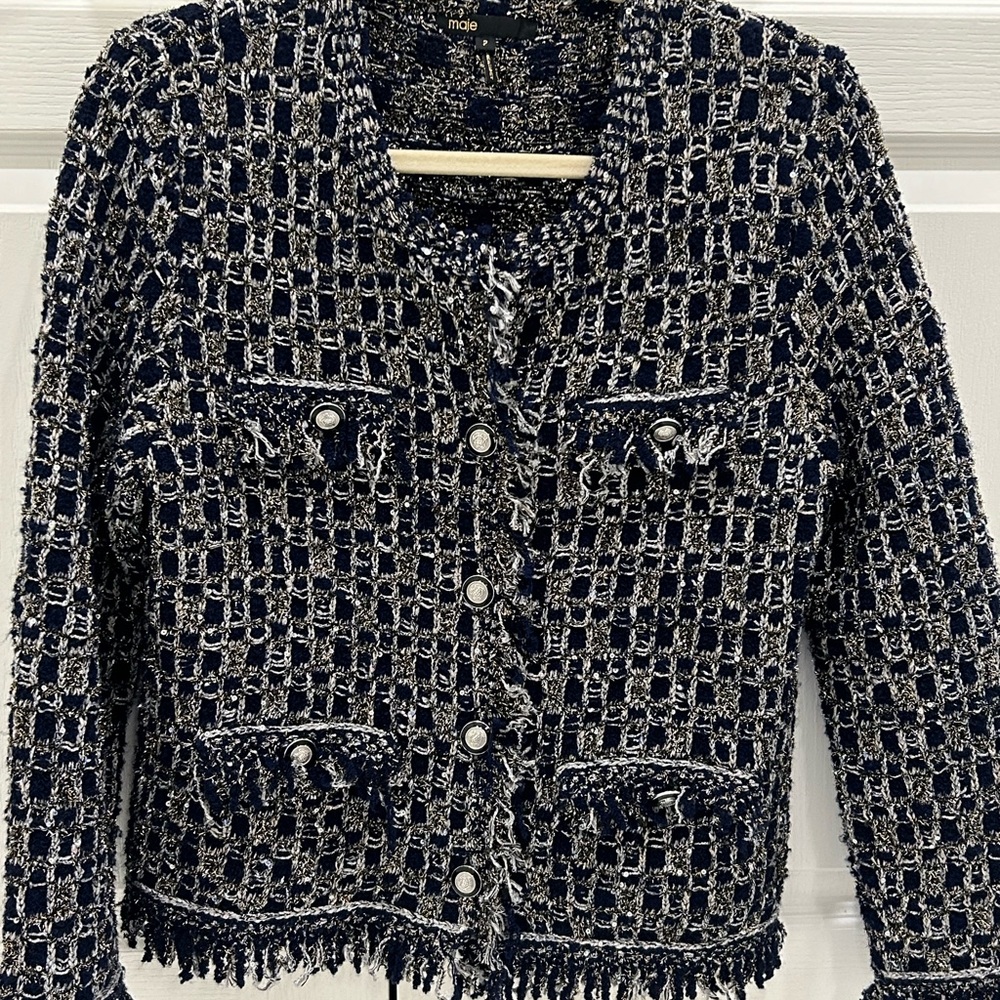 Maje Navy and White Tweed Blazer